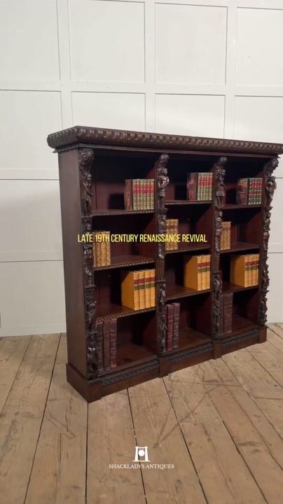 Film of Late 19th Century Carved Oak Renaissance Revival Open Bookcase