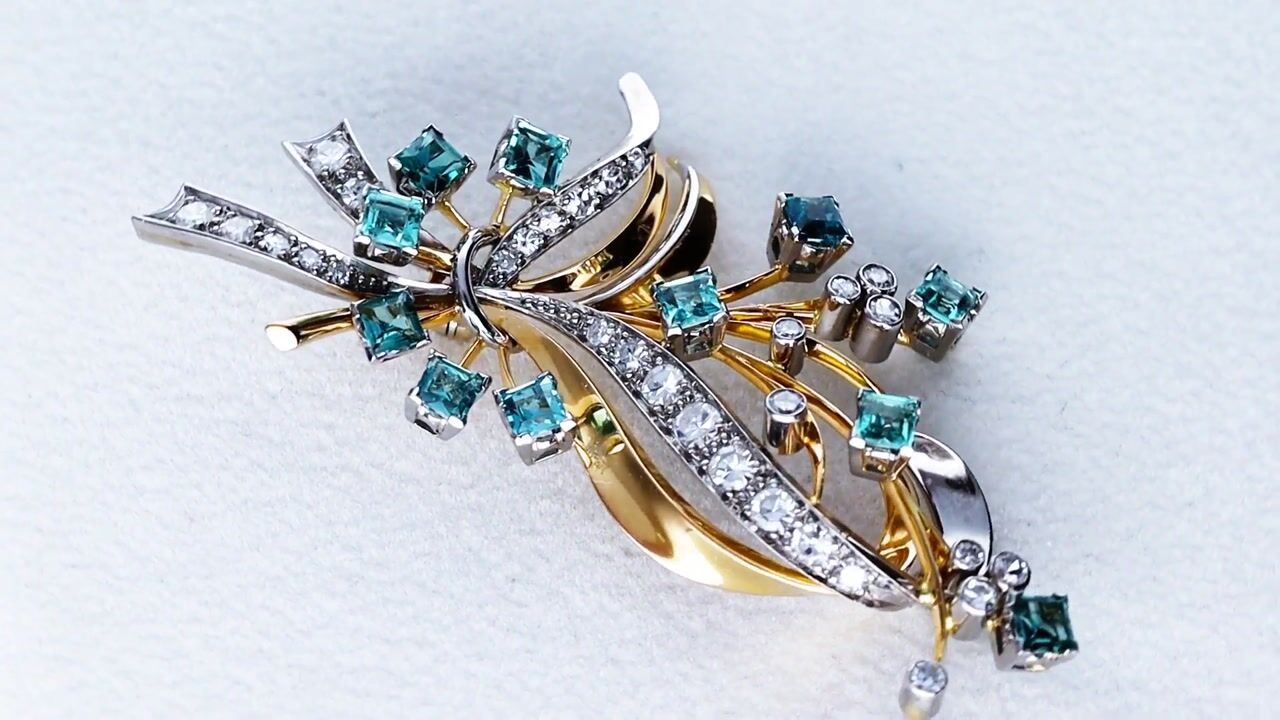 Film of Vintage 1.75ct Aquamarine 1.38ct Diamond 18ct Yellow Gold and Palladium Spray Brooch Circa 1950