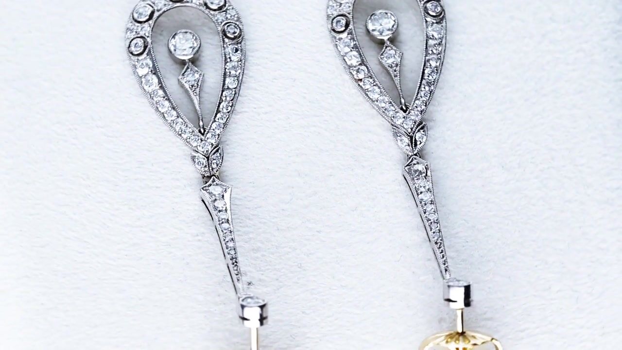 Film of Antique Art Deco 2.25ct Diamond and Platinum Drop Earrings Circa 1930
