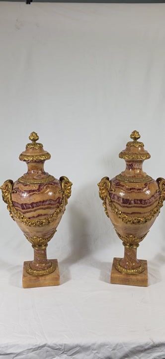 Film of Pair French Marble Urns Cassolettes Decorative Empire Amphora Vase