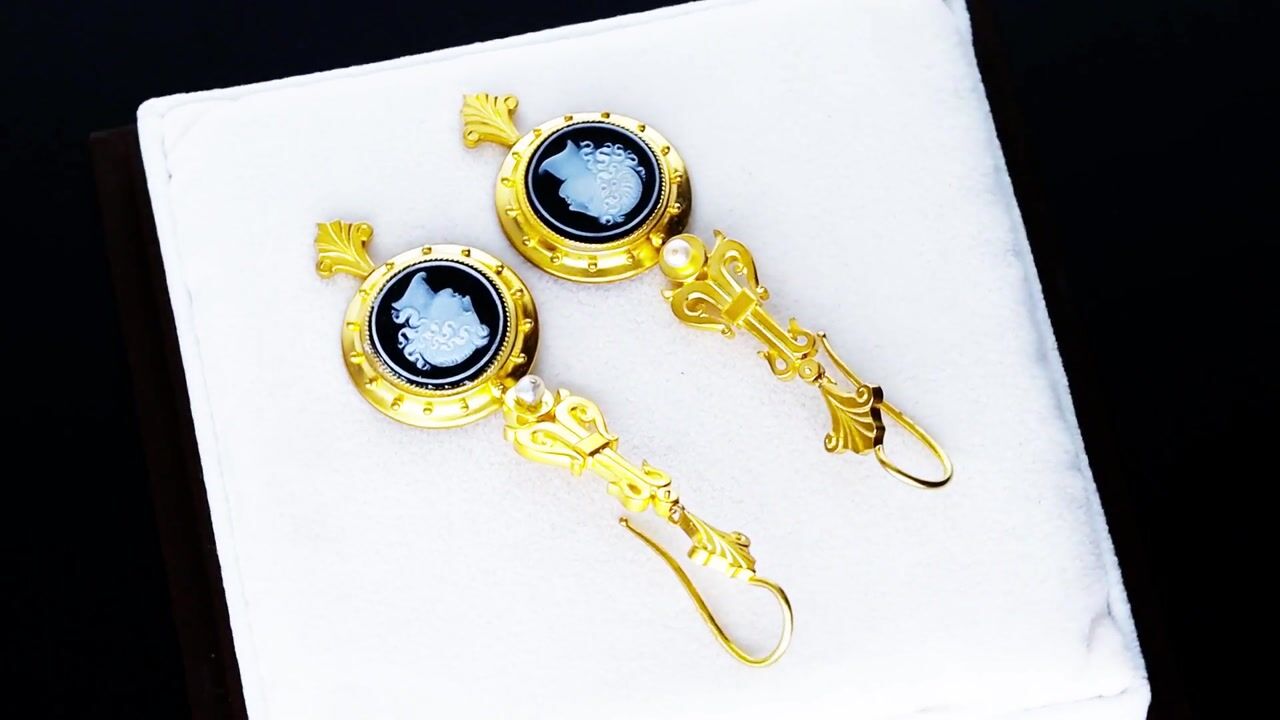 Film of Hardstone Pearl and 22ct Yellow Gold Cameo Drop Earrings - Antique Circa 1890