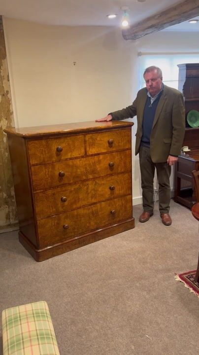 Film of Victorian Burr Walnut Chest of Drawers with Turned Walnut Handles C.1860