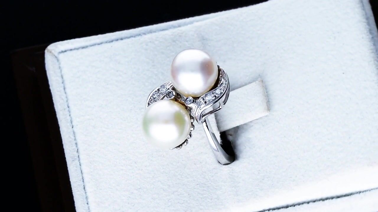 Film of Vintage Pearl and 0.12ct Diamond 10ct White Gold Cocktail Ring Circa 1950