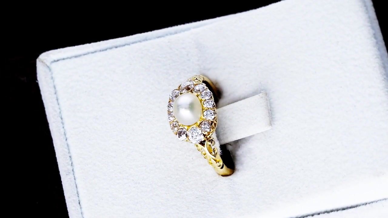 Film of Natural Pearl and 0.65ct Diamond 18ct Yellow Gold Ring - Antique Circa 1890