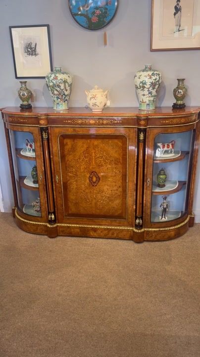 Film of Victorian Walnut Burr Inlaid Credenza Sideboard with Curved Glass Display Cabinets, 165cm