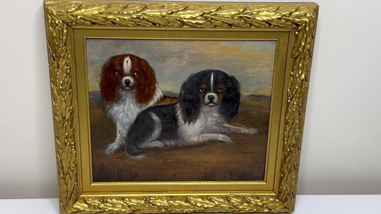 Film of 19th Century Oil Painting Blenheim & Tricolour Spaniel Dogs