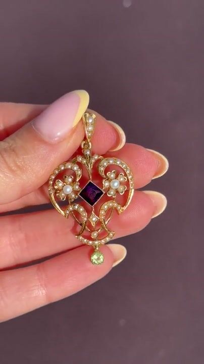 Film of Antique Suffragette Peridot Pearl and Amethyst 15ct Gold Pendant