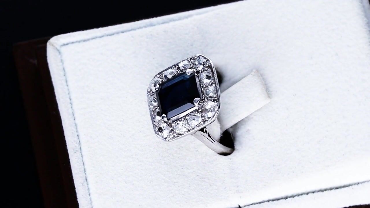 Film of Antique 2.40ct Basaltic Sapphire and 1.60ct Diamond Platinum Cluster Ring Circa 1920