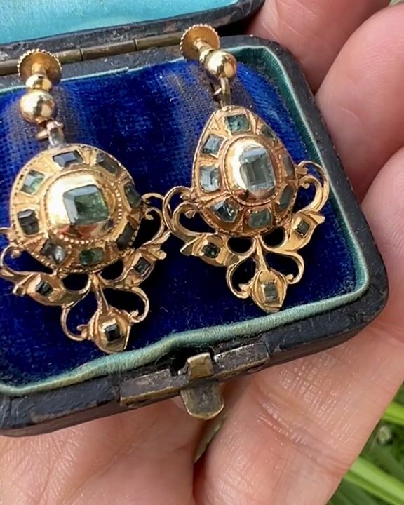 Film of Ornate Georgian Emerald Gold Earrings