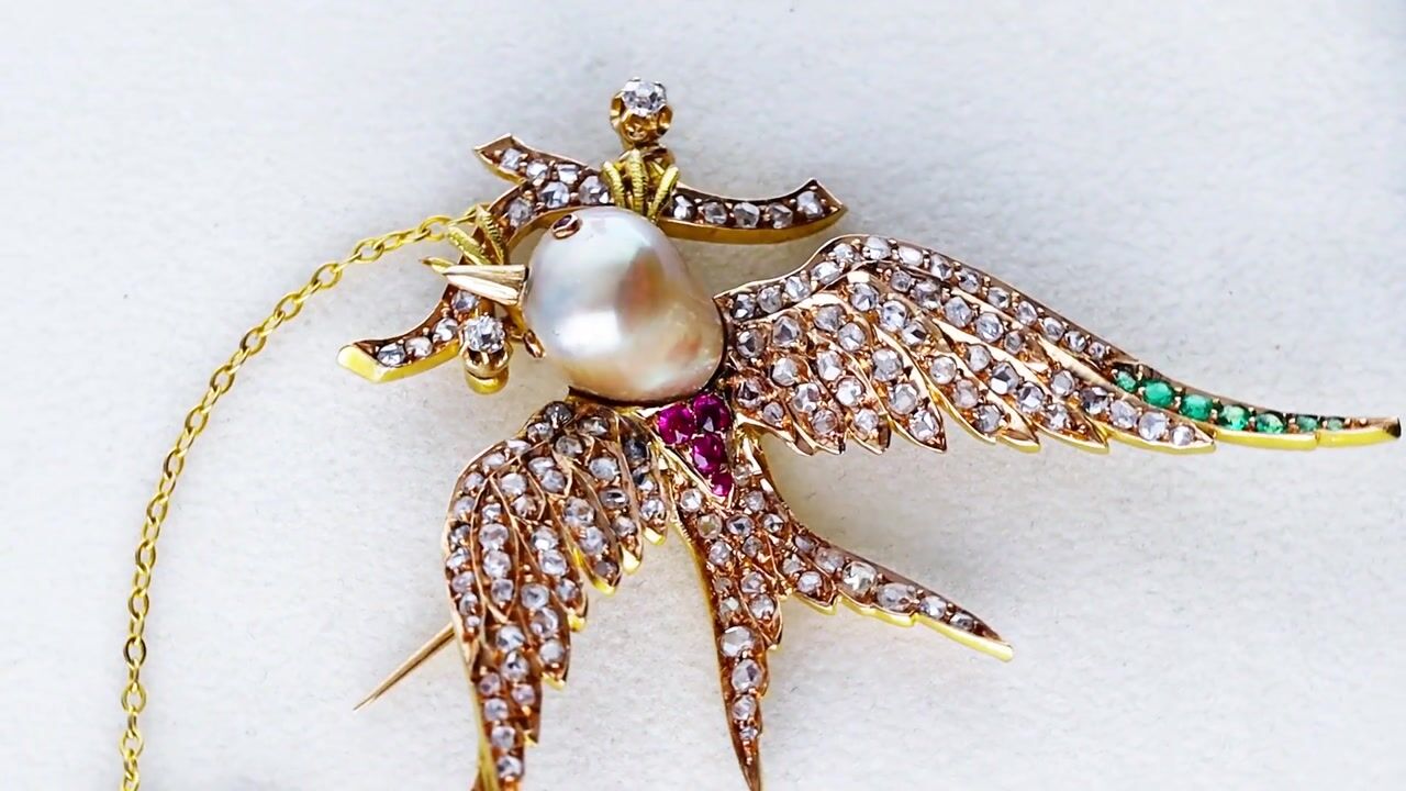 Film of Natural Pearl, 0.28ct Emerald, 0.15ct Ruby, 2.05ct Diamond and 18ct Yellow Gold Bird Brooch - Antique Circa 1890