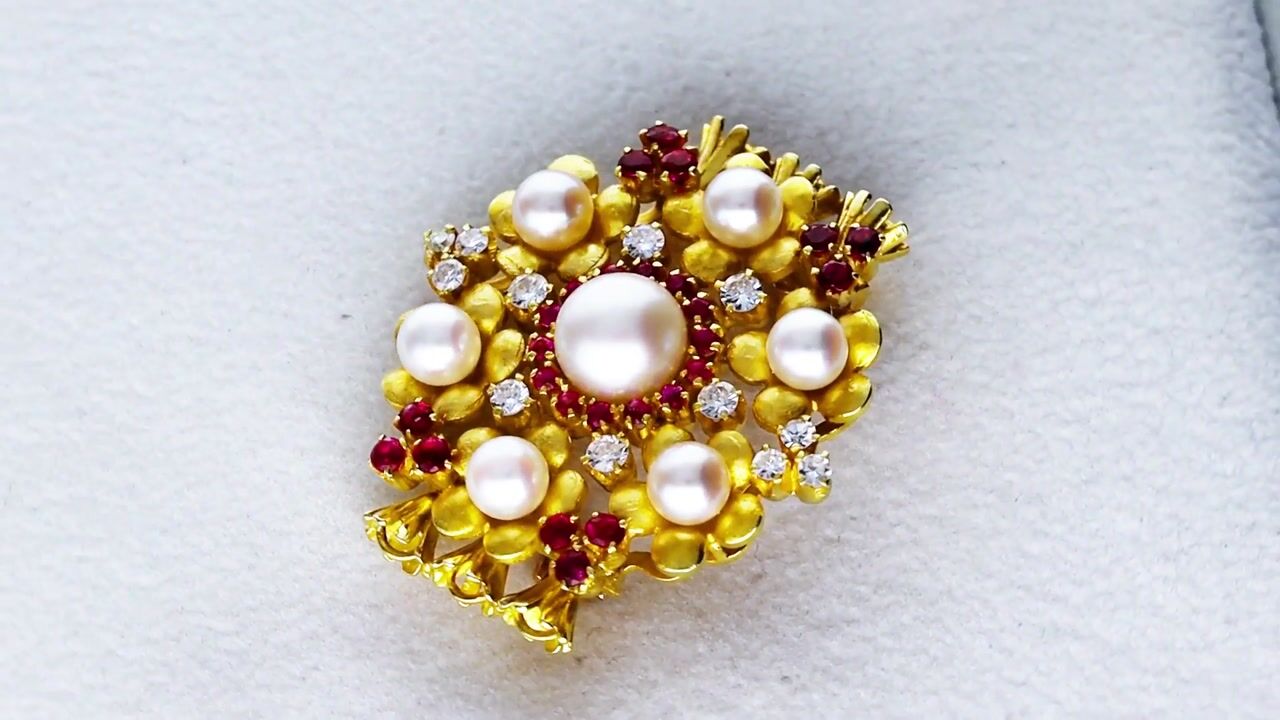 Film of Pearl, 0.75ct Ruby, 0.42ct Diamond and 18ct Yellow Gold Brooch - Vintage Circa 1950