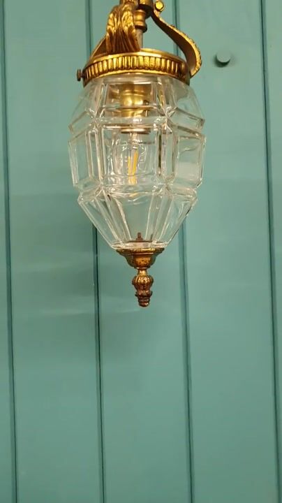 Film of Antique French Brass and Moulded Glass Hanging Lantern 5"