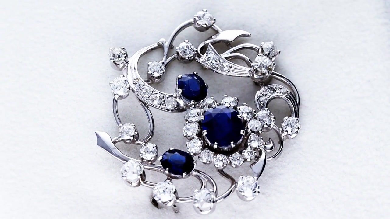 Film of 4.52ct Basaltic Sapphire and 3.87ct Diamond 18ct White Gold Brooch - Antique Circa 1910