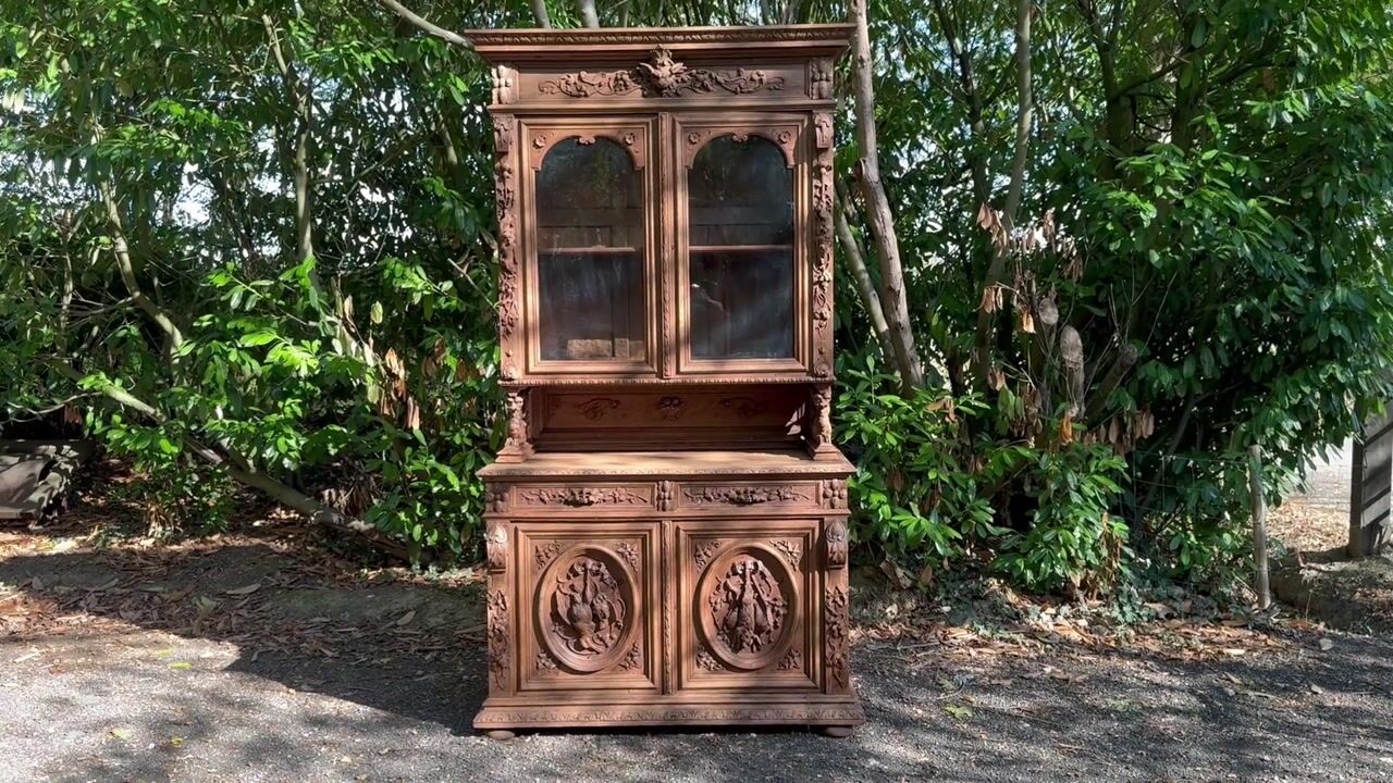 Film of Bleached French Carved Oak Hunting Cabinet
