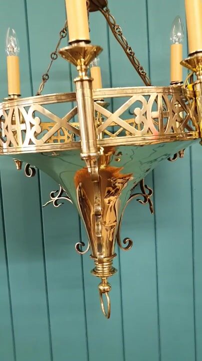 Film of Early 20th Century Gothic Style Brass Chandelier 21"
