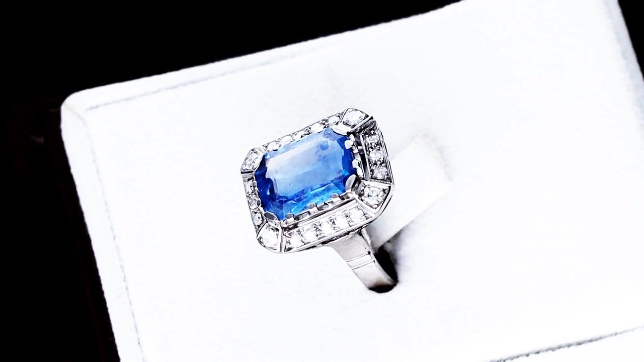 Film of Antique 3.80ct Ceylon Sapphire and 0.28ct Diamond 18ct White Gold Ring Circa 1925