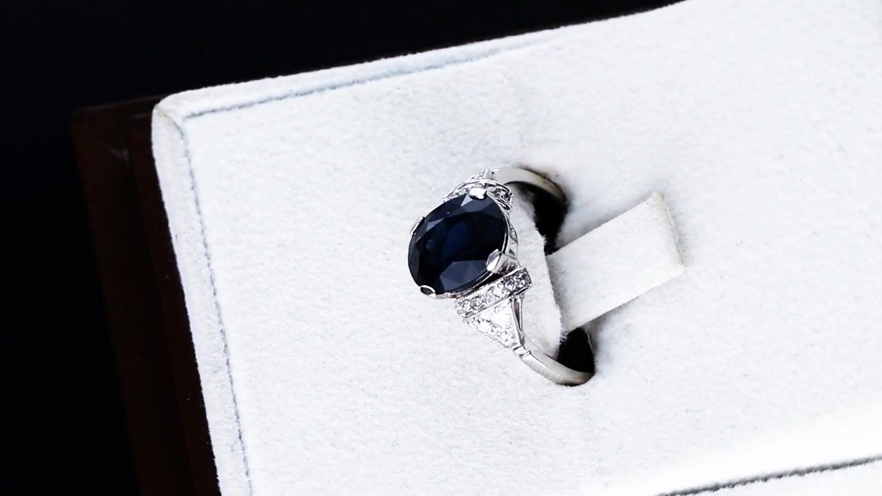 Film of Antique 2.88ct Basaltic Sapphire and 0.22ct Diamond Platinum Ring Circa 1920