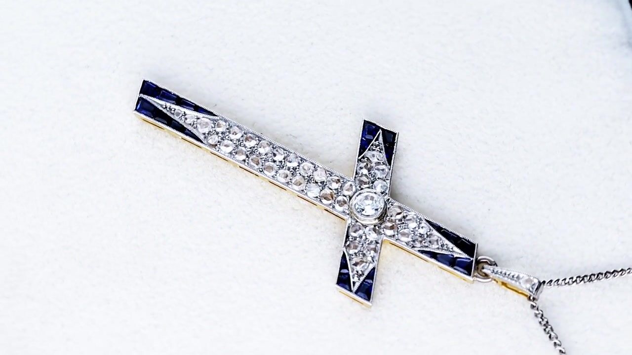 Film of 0.30ct Sapphire, 1.37ct Diamond and 18ct Yellow Gold Cross Pendant - Antique Circa 1910
