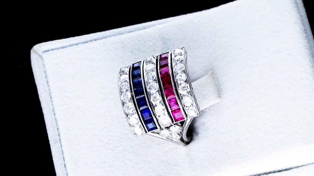 Film of Antique 0.80ct Sapphire 0.80ct Ruby 2.15ct Diamond and Platinum Ring Circa 1915
