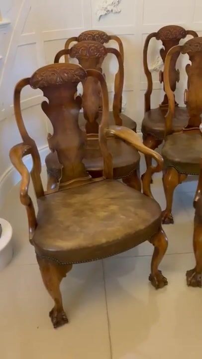 Film of Outstanding Quality Set of 6 Antique Victorian Carved Walnut Dining Chairs
